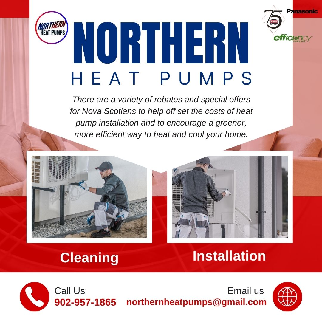 Northern Heat Pumps promotional graphic — cleaning and installation services with rebate info