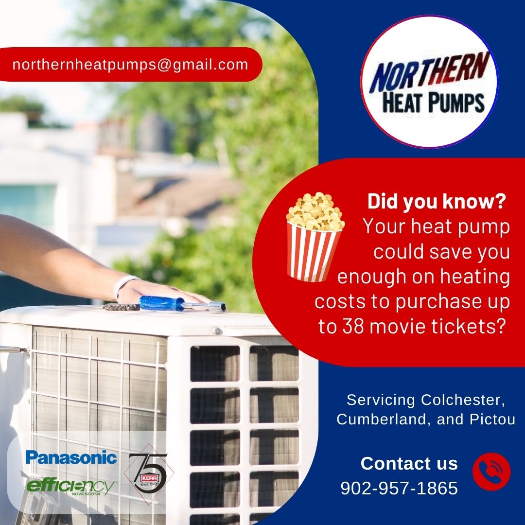 Outdoor Panasonic heat pump condenser unit on rooftop with energy savings information