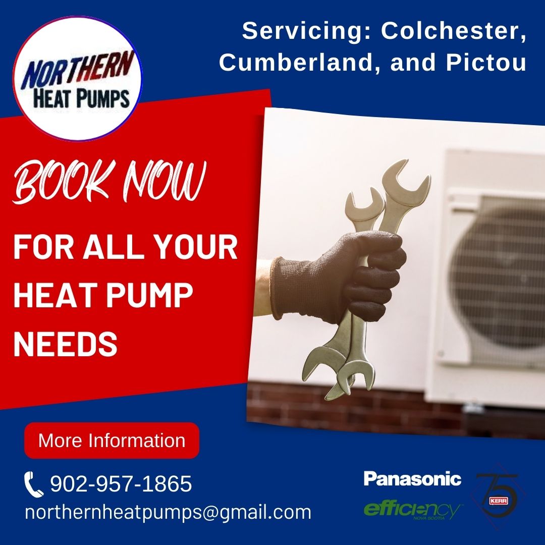 Book now graphic for heat pump services in Cumberland, Colchester, and Pictou